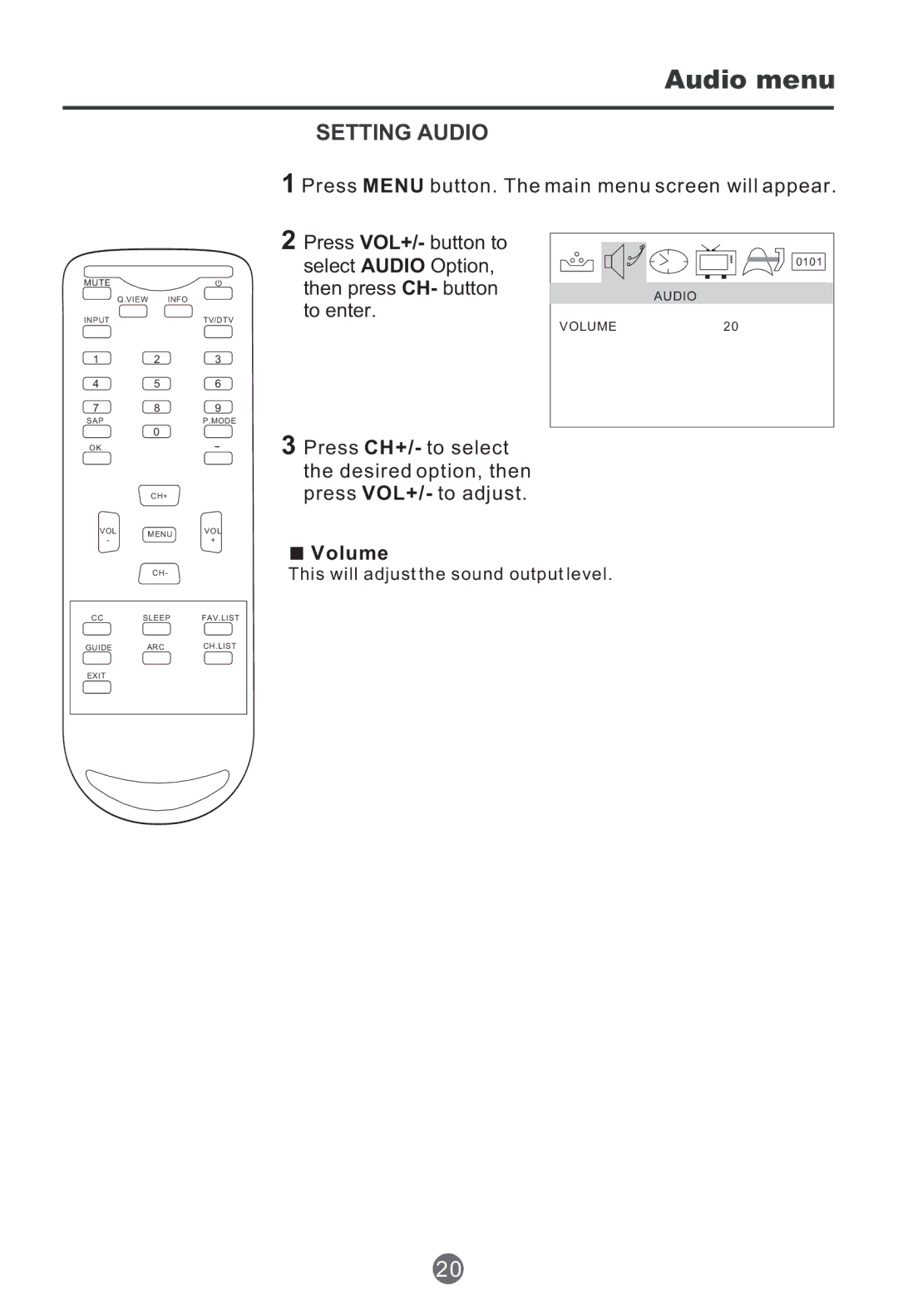 Haier HTF201, HTR20 owner manual Audio menu, Setting Audio 