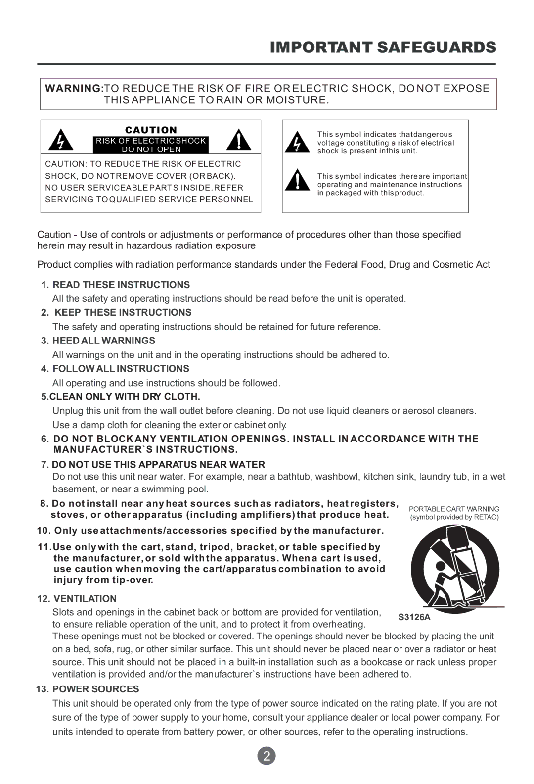 Haier HTF201, HTR20 owner manual Important Safeguards, This Appliance to Rain or Moisture 