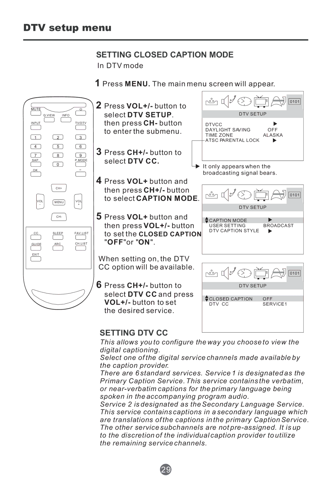 Haier HTF201, HTR20 owner manual DTV setup menu, Setting Closed Caption Mode, Setting DTV CC 