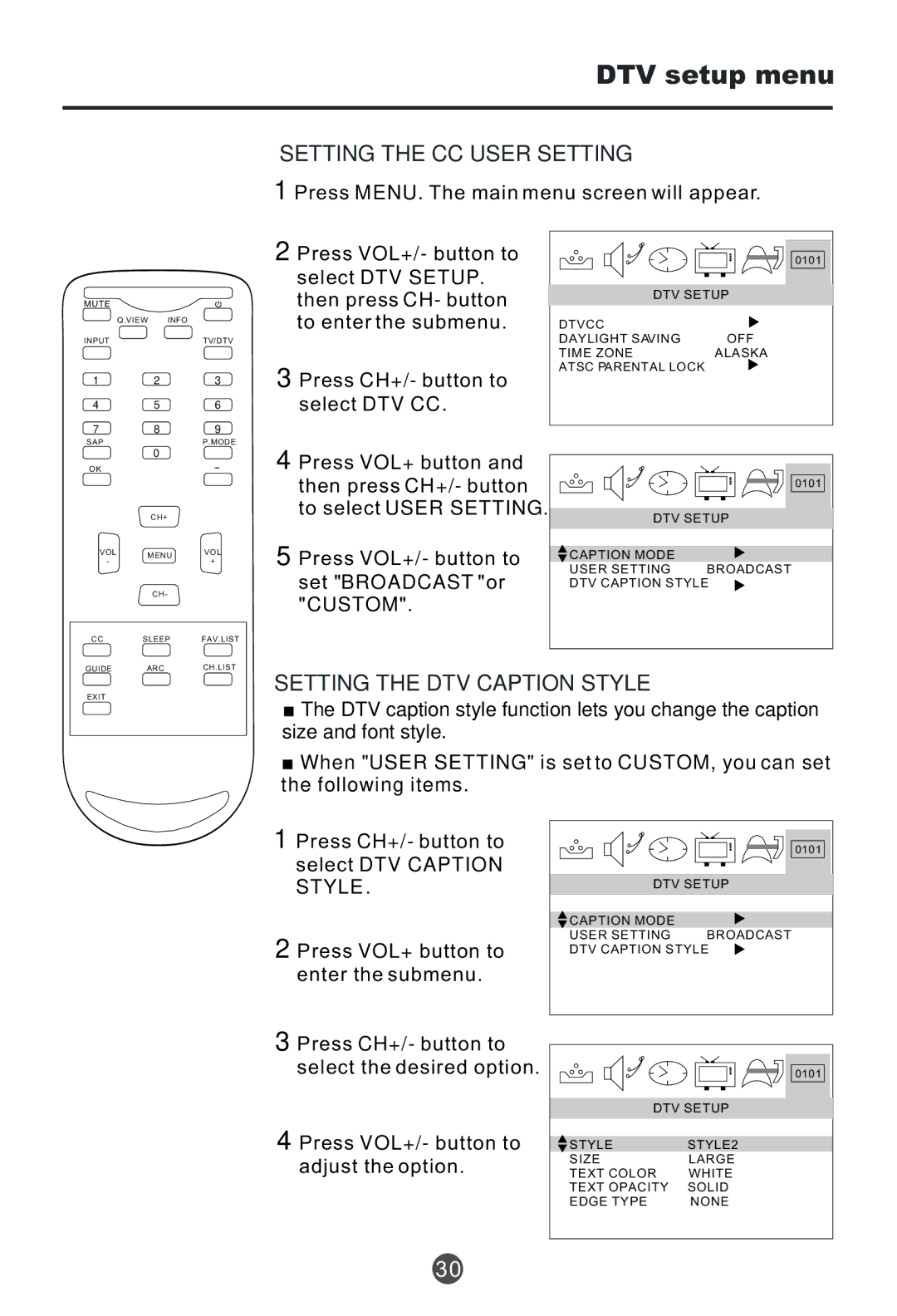 Haier HTF201, HTR20 Setting the CC User Setting, Setting the DTV Caption Style, Press VOL+ button Then press CH+/- button 