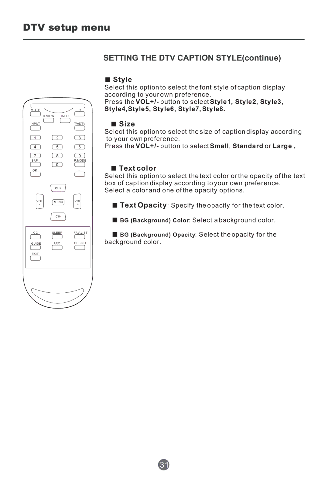 Haier HTR20, HTF201 owner manual Setting the DTV Caption STYLEcontinue 