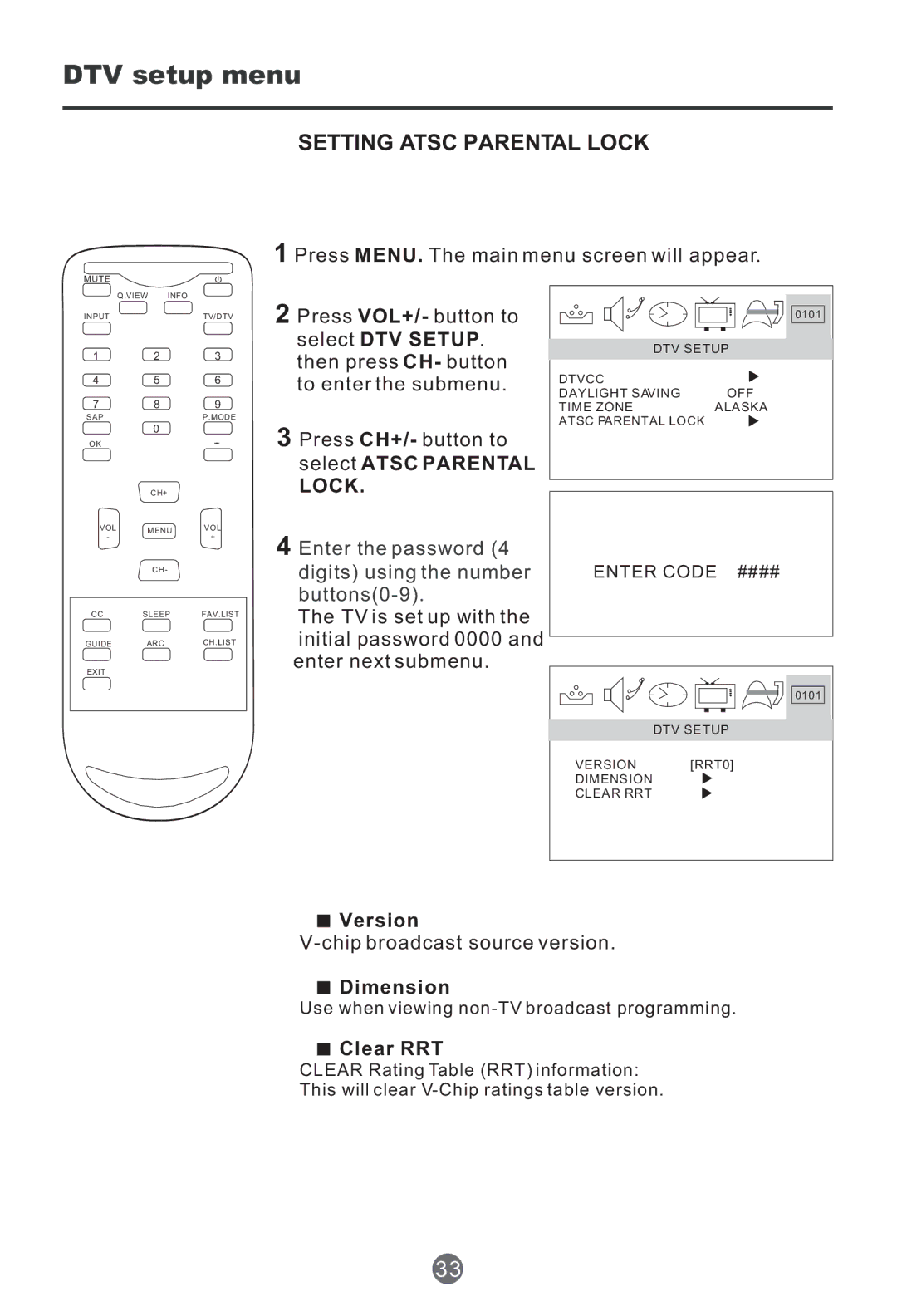 Haier HTF201, HTR20 owner manual Setting Atsc Parental Lock, Chip broadcast source version, Enter Code #### 