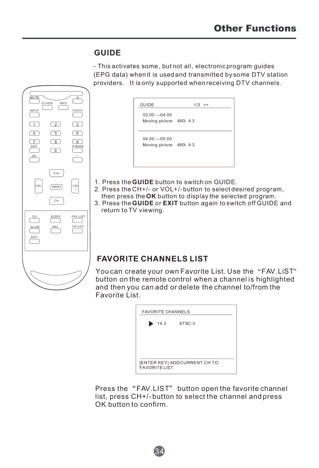 Haier HTR20, HTF201 owner manual Other Functions, Guide, Favorite Channels List 