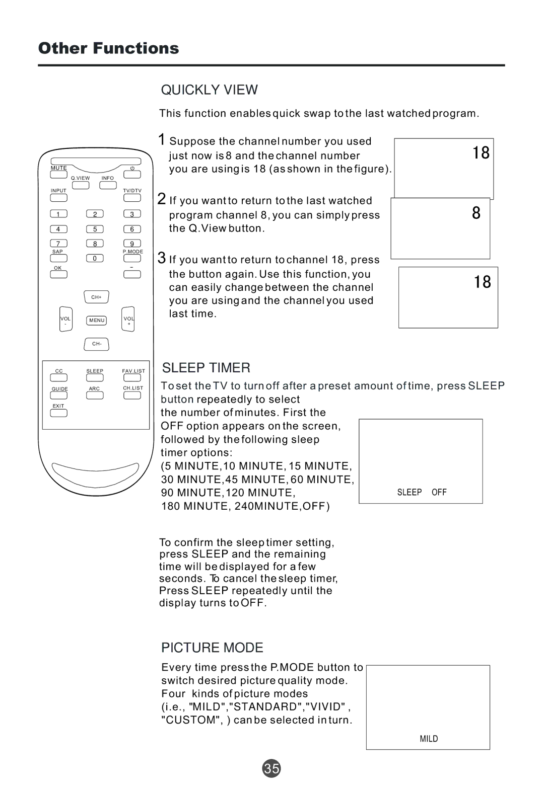 Haier HTF201, HTR20 owner manual Quickly View, Sleep Timer, Picture Mode 