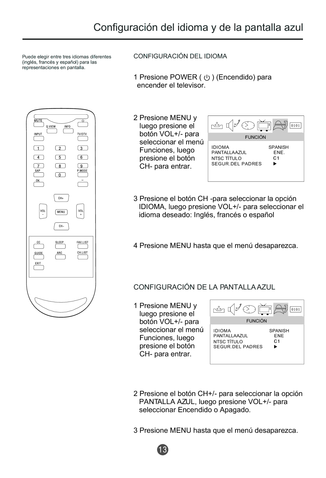 Haier HTF201, HTR20 Configuración del idioma y de la pantalla azul, Presione Power Encendido para encender el televisor 