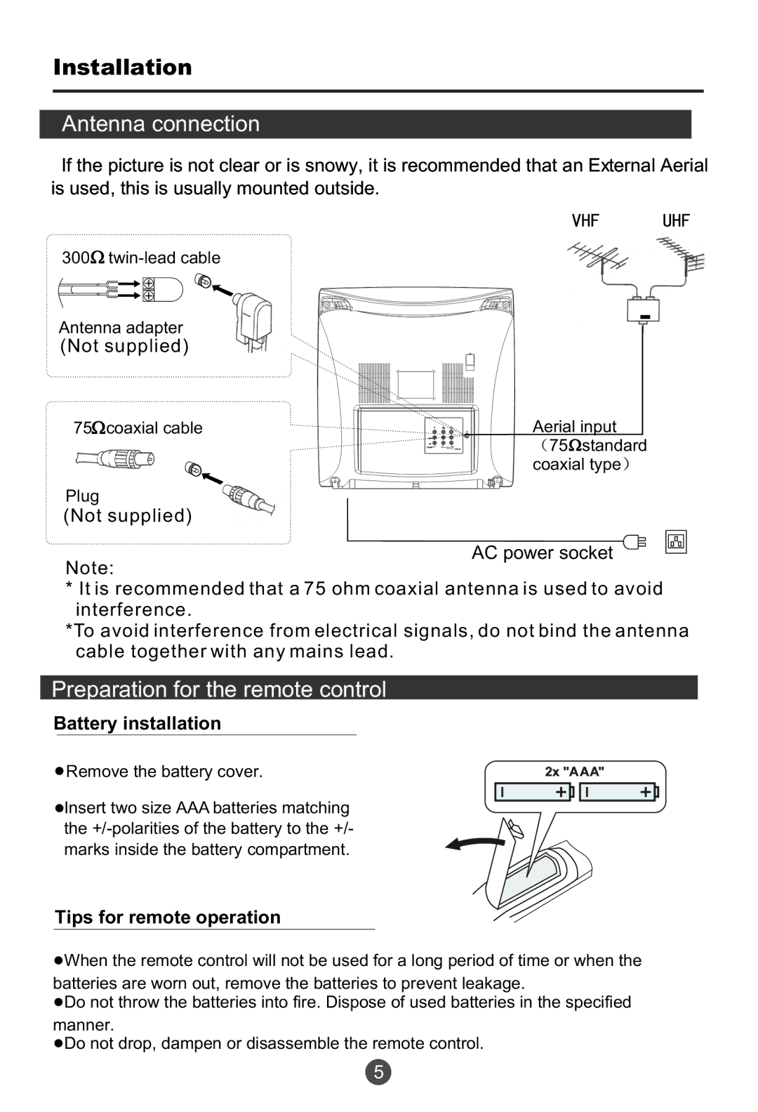 Haier HTF201, HTR20 owner manual Installation, Twin-lead cable Antenna adapter, Coaxial cable, Standard coaxial type Plug 