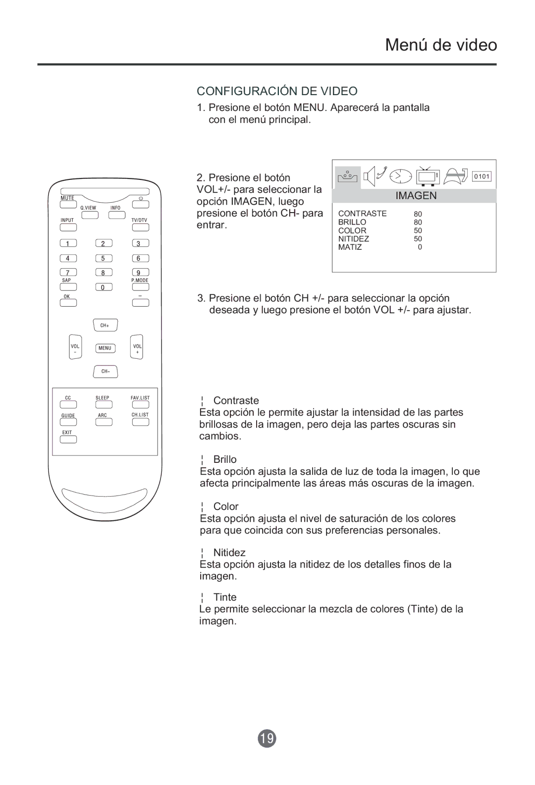 Haier HTF201, HTR20 owner manual Menú de video, Configuración DE Video, Imagen 