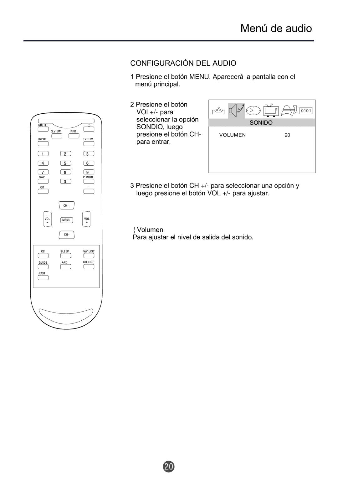 Haier HTF201, HTR20 owner manual Menú de audio, Configuración DEL Audio 