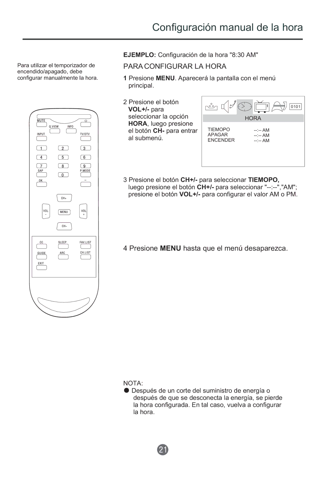 Haier HTR20, HTF201 owner manual Configuración manual de la hora, Para Configurar LA Hora 