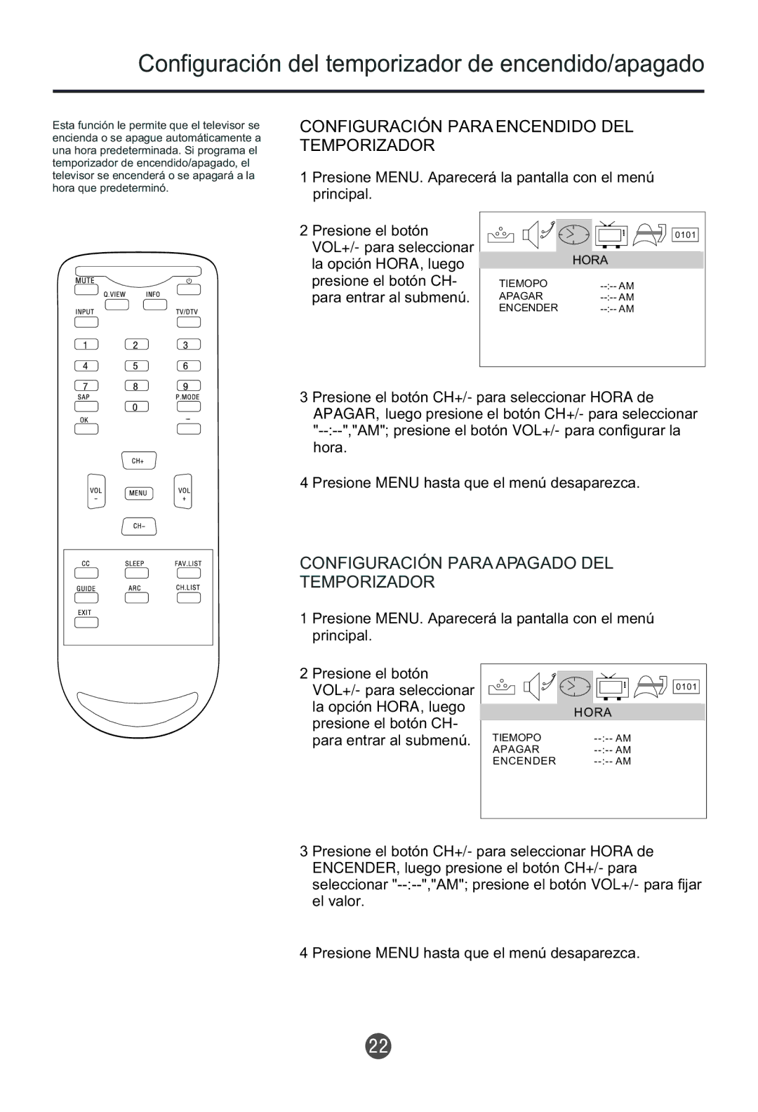 Haier HTF201, HTR20 Configuración del temporizador de encendido/apagado, Configuración Para Encendido DEL Temporizador 