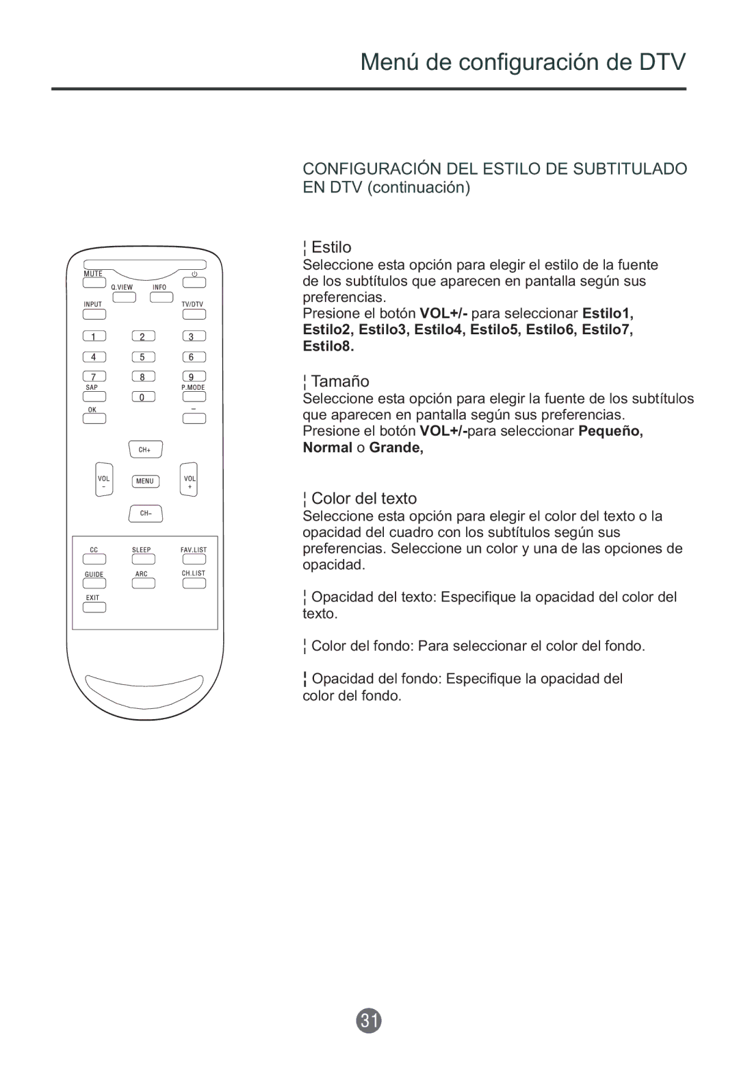 Haier HTF201, HTR20 owner manual Configuración DEL Estilo DE Subtitulado EN DTV continuación, Tamaño, Color del texto 