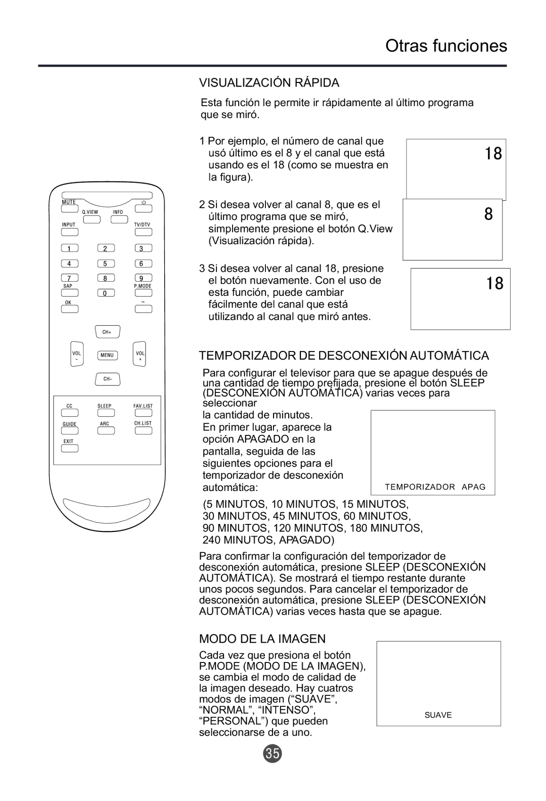 Haier HTF201, HTR20 owner manual Visualización Rápida, Temporizador DE Desconexión Automática, Modo DE LA Imagen 