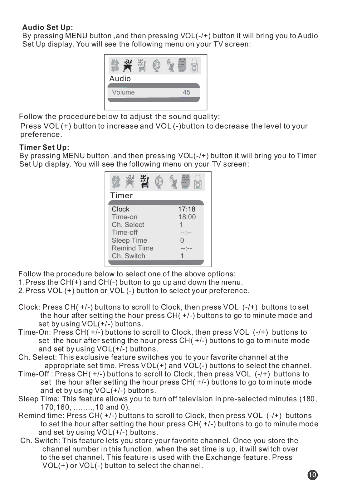 Haier HTF21S32 user manual Audio Set Up, Timer Set Up 