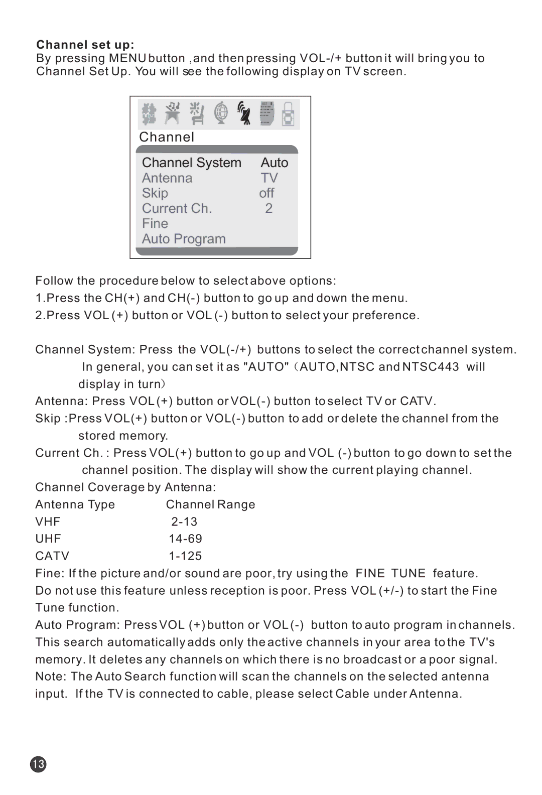 Haier HTF21S32 user manual Channel set up, Vhf Uhf, Catv 