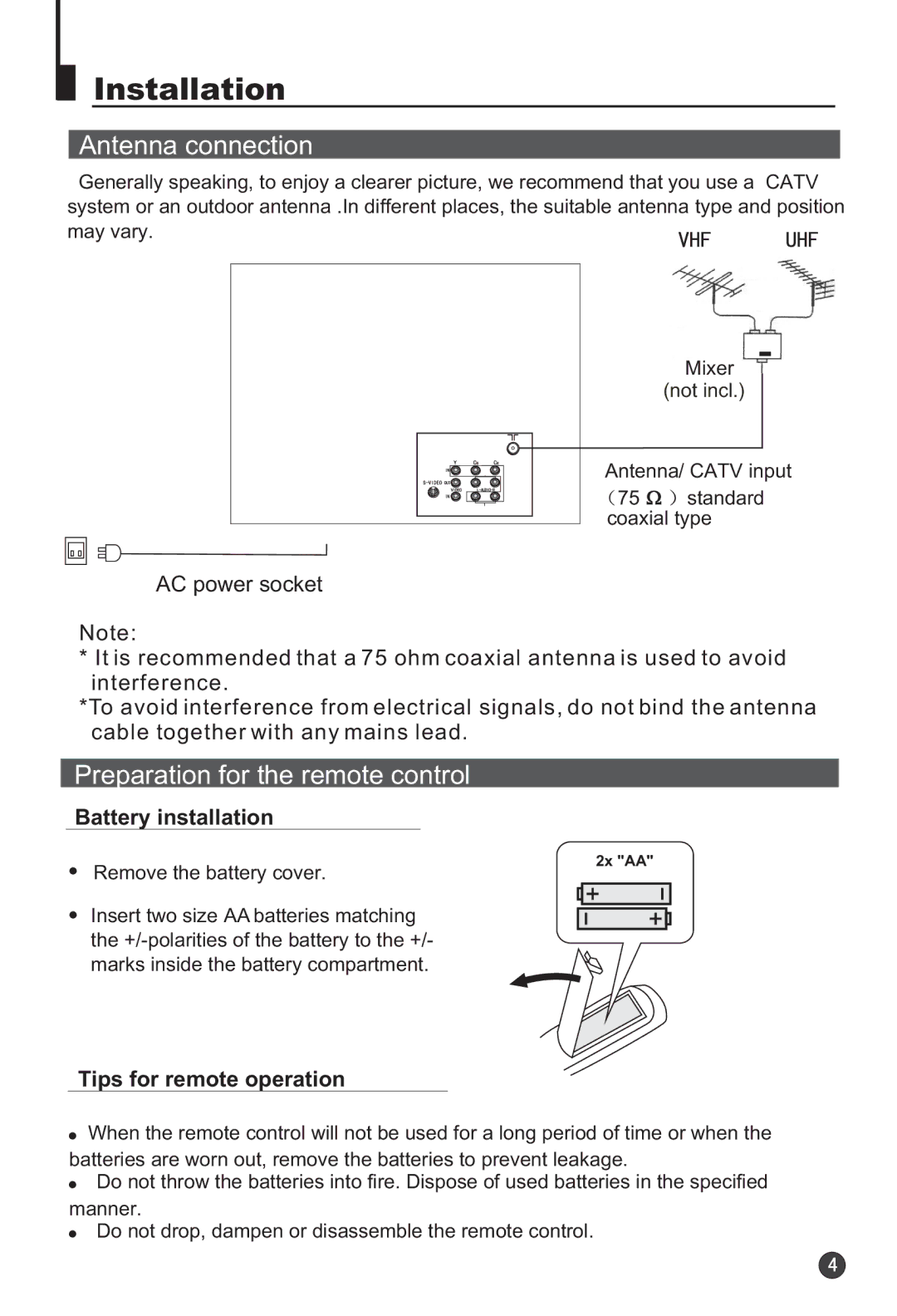 Haier HTF21S32 user manual Installation, Antenna connection 