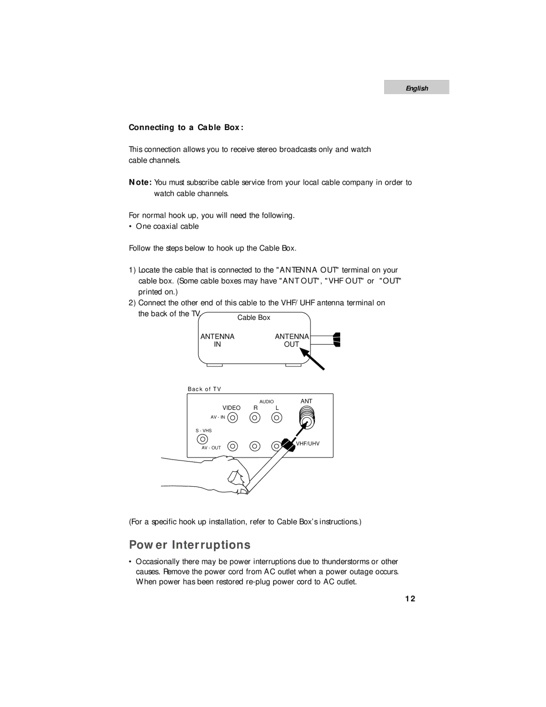 Haier HTF20R21, HTF27R11, HTF24R21 user manual Power Interruptions, Connecting to a Cable Box 