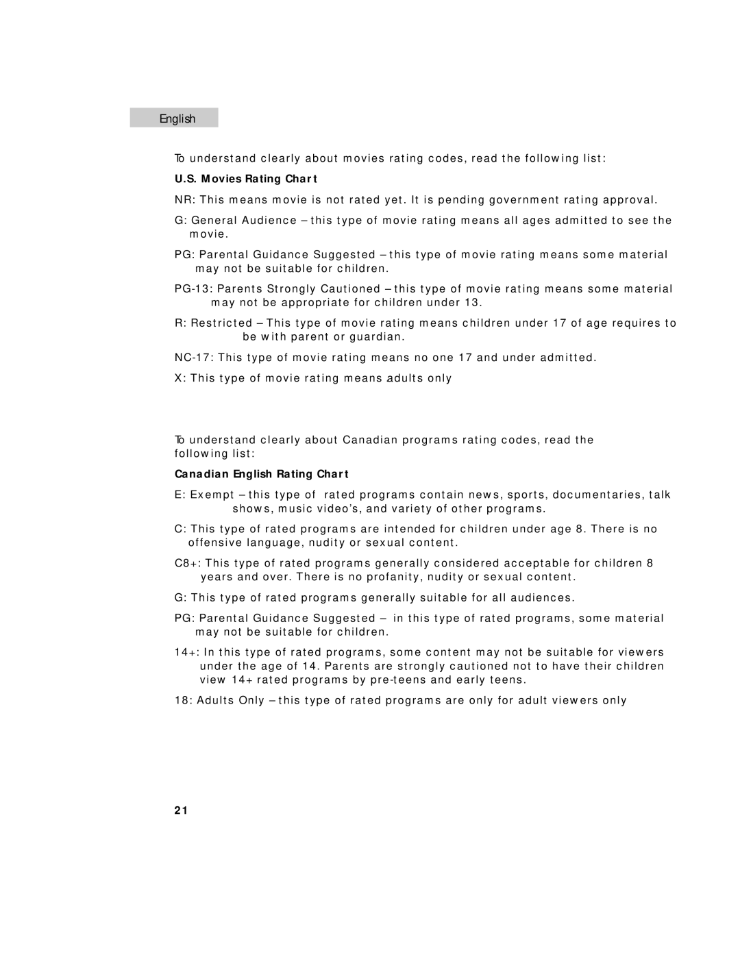 Haier HTF20R21, HTF27R11, HTF24R21 user manual Movies Rating Chart, Canadian English Rating Chart 