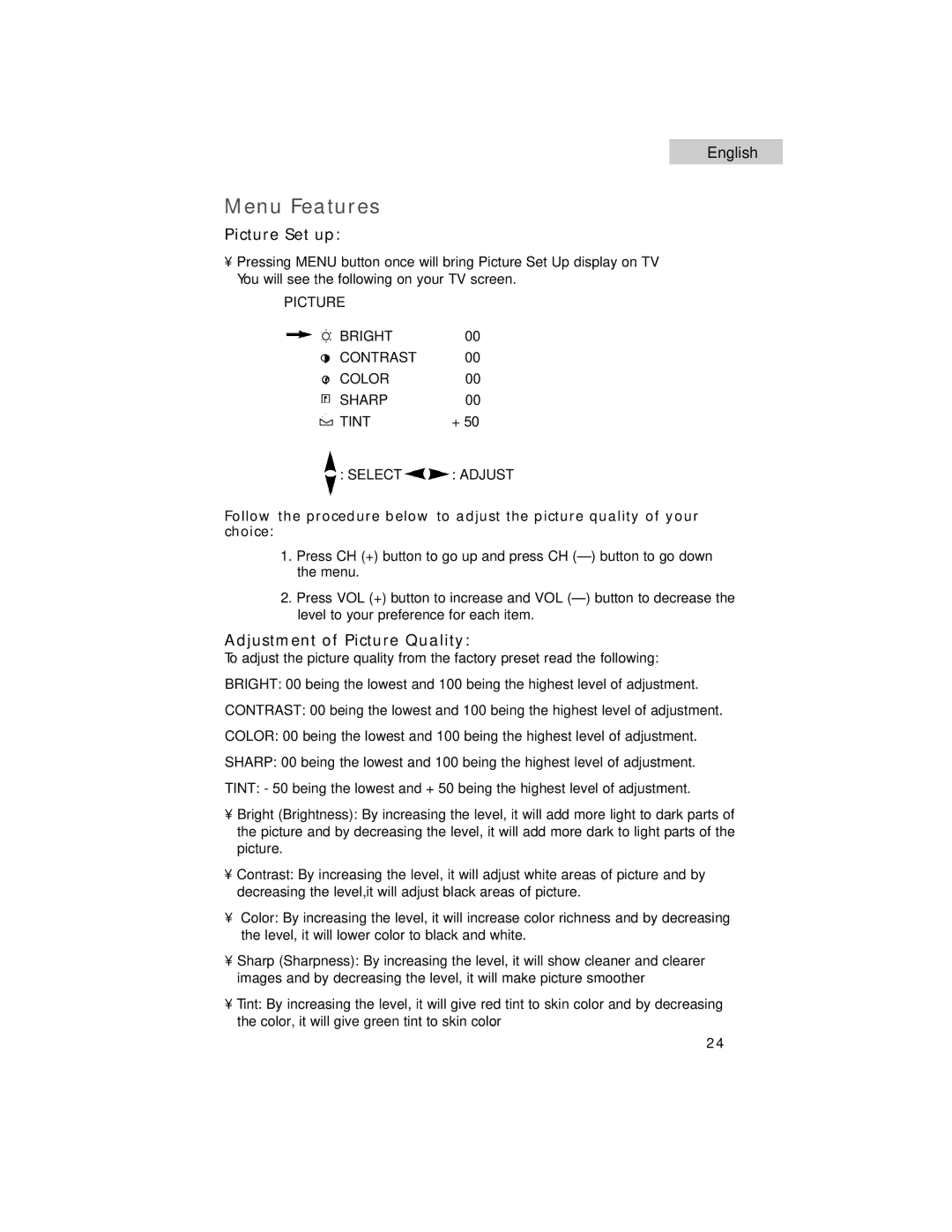 Haier HTF20R21, HTF27R11, HTF24R21 user manual Menu Features, Picture Set up, Adjustment of Picture Quality 