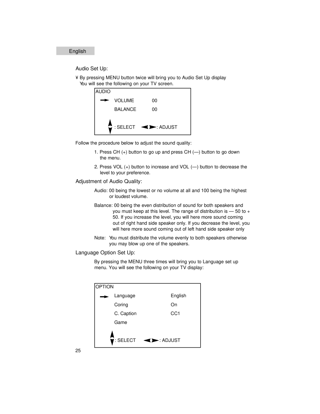 Haier HTF24R21, HTF27R11, HTF20R21 user manual Audio Set Up, Adjustment of Audio Quality, Language Option Set Up 