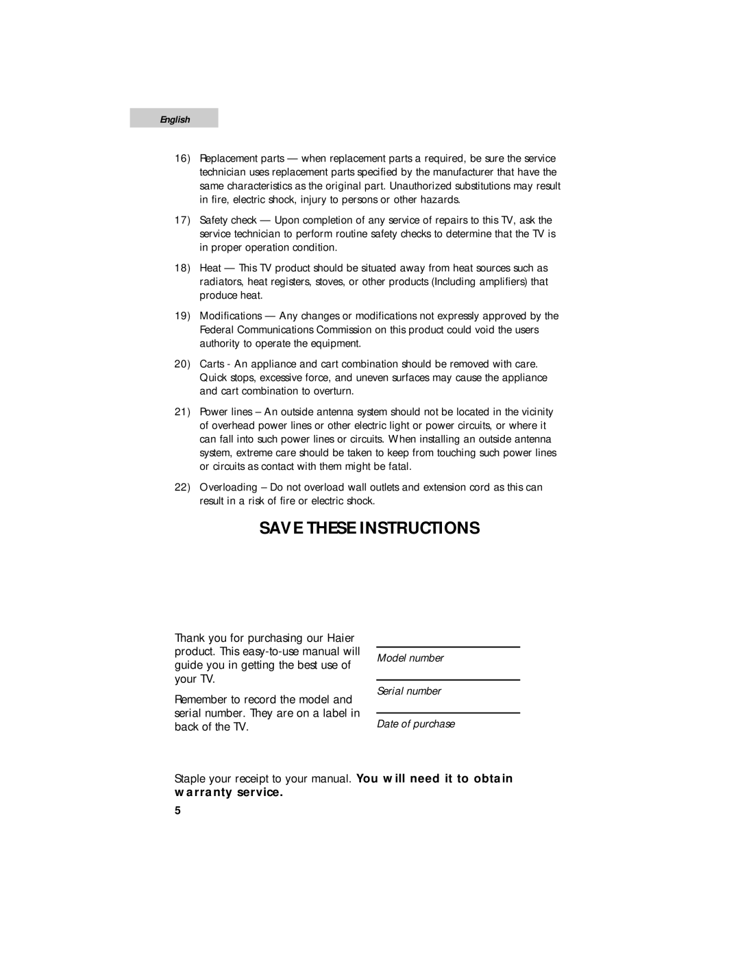 Haier HTF27R11, HTF20R21, HTF24R21 user manual Warranty service 