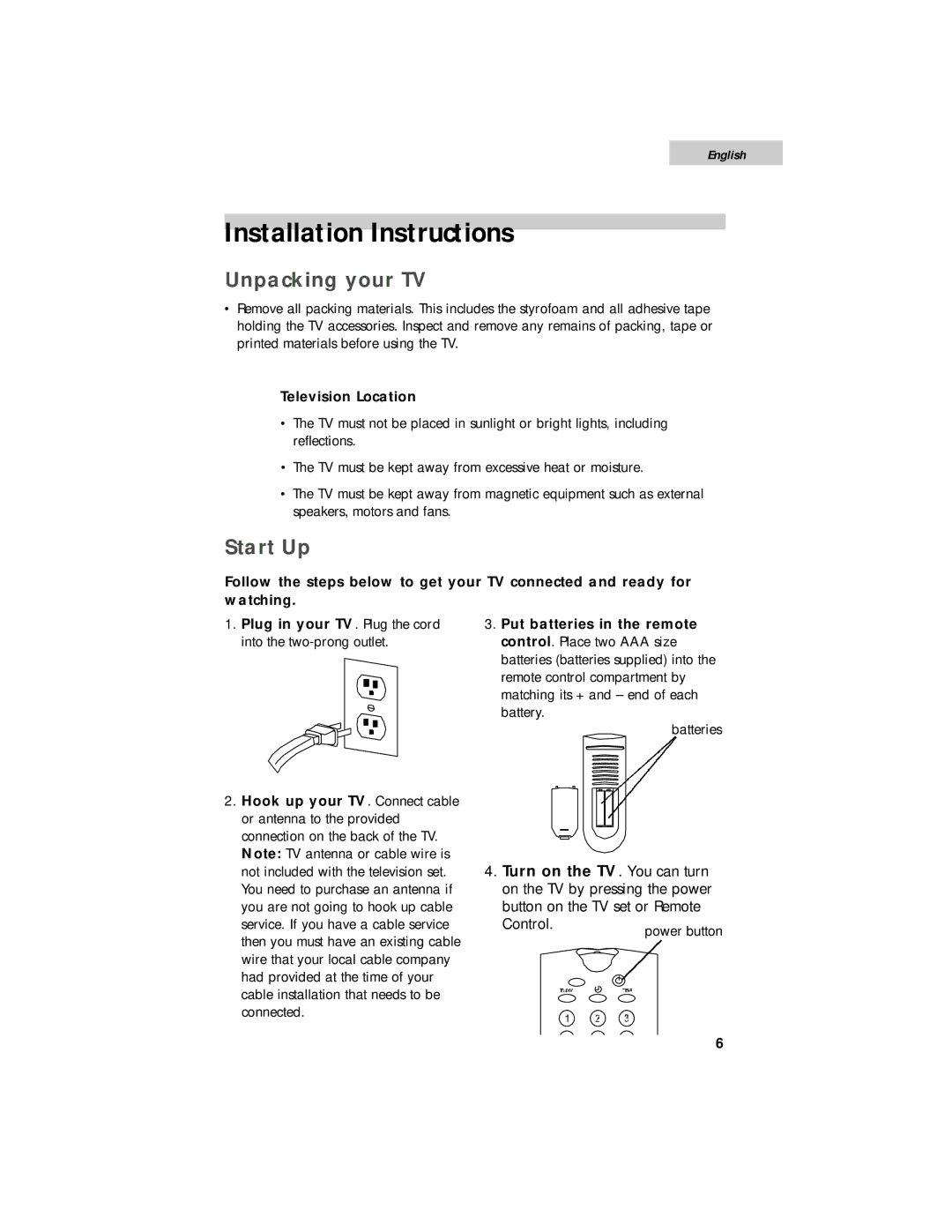 Haier HTF20R21, HTF27R11, HTF24R21 user manual Installation Instructions, Unpacking your TV, Start Up, Television Location 