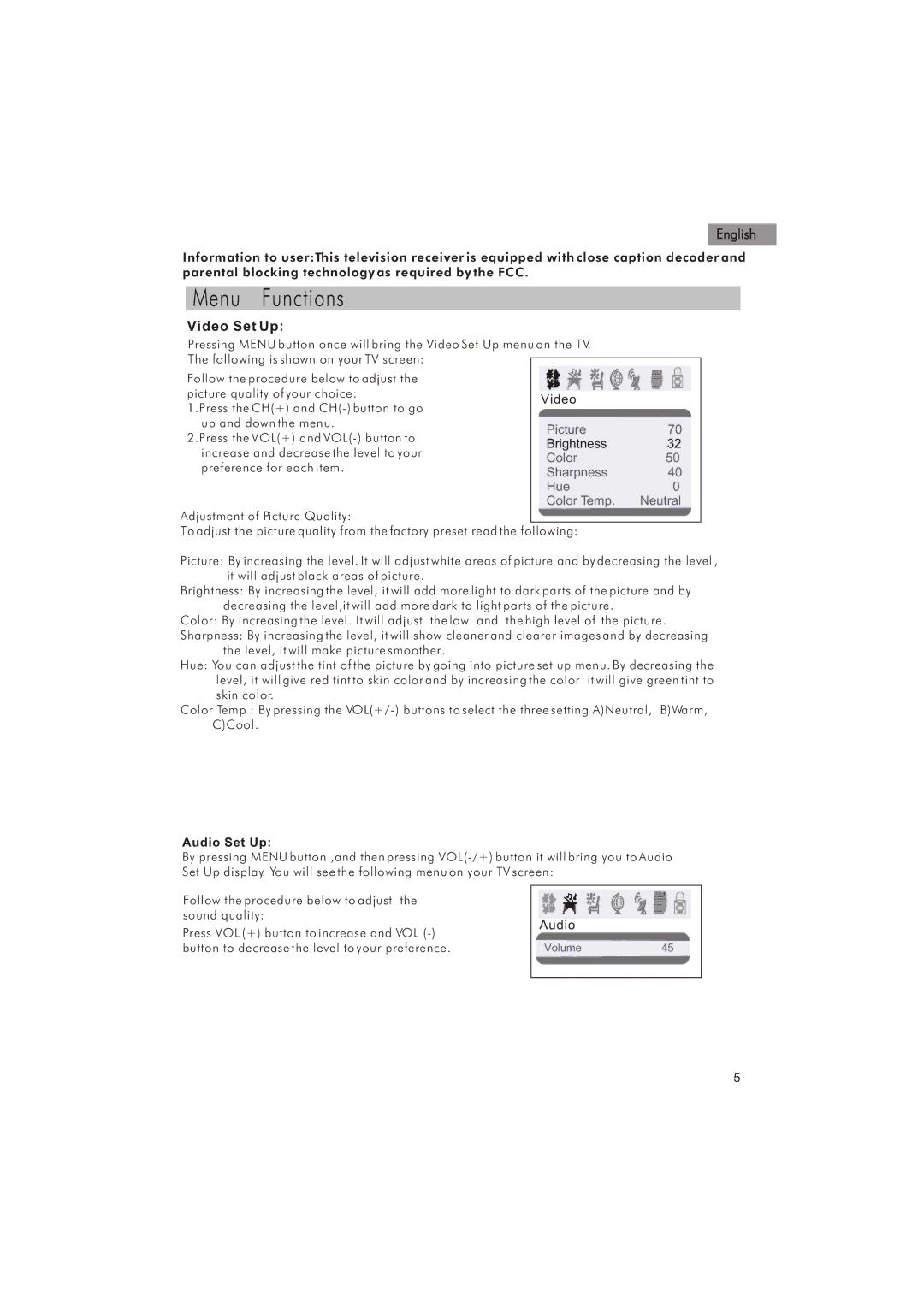 Haier HTN20R15 manual Picture, Sharpness Hue Color Temp Neutral, Audio Set Up 