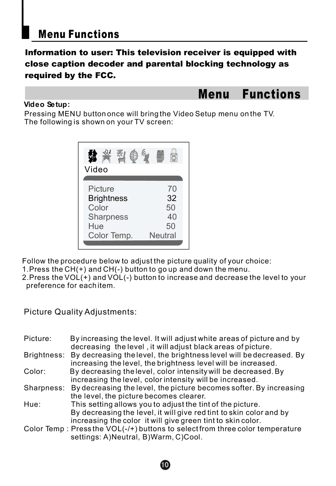 Haier HTN20R16 owner manual Menu Functions, Video Setup 