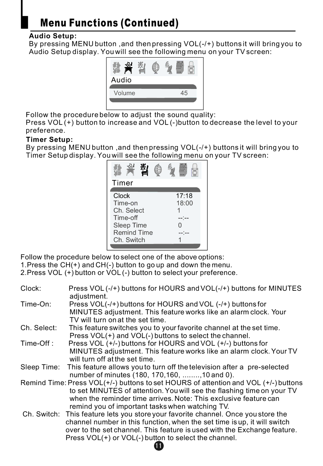 Haier HTN20R16 owner manual Audio Setup, Timer Setup 