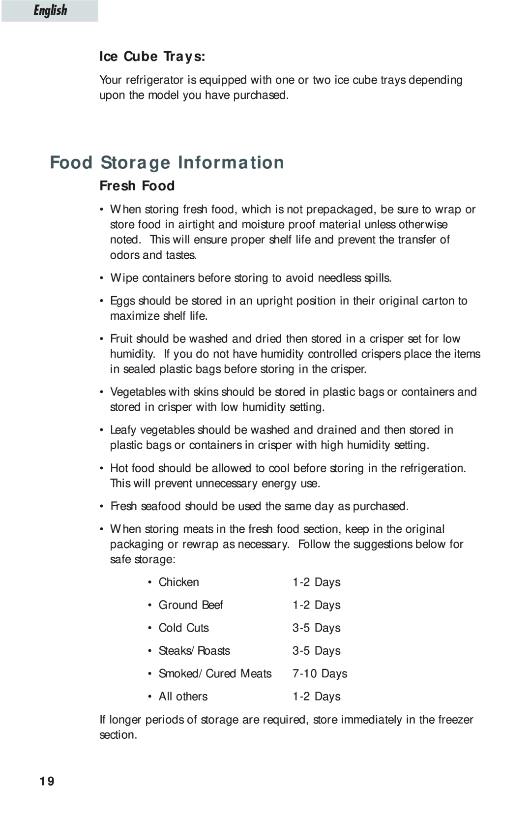 Haier HTQ21JAARSS warranty Food Storage Information, Ice Cube Trays, Fresh Food 