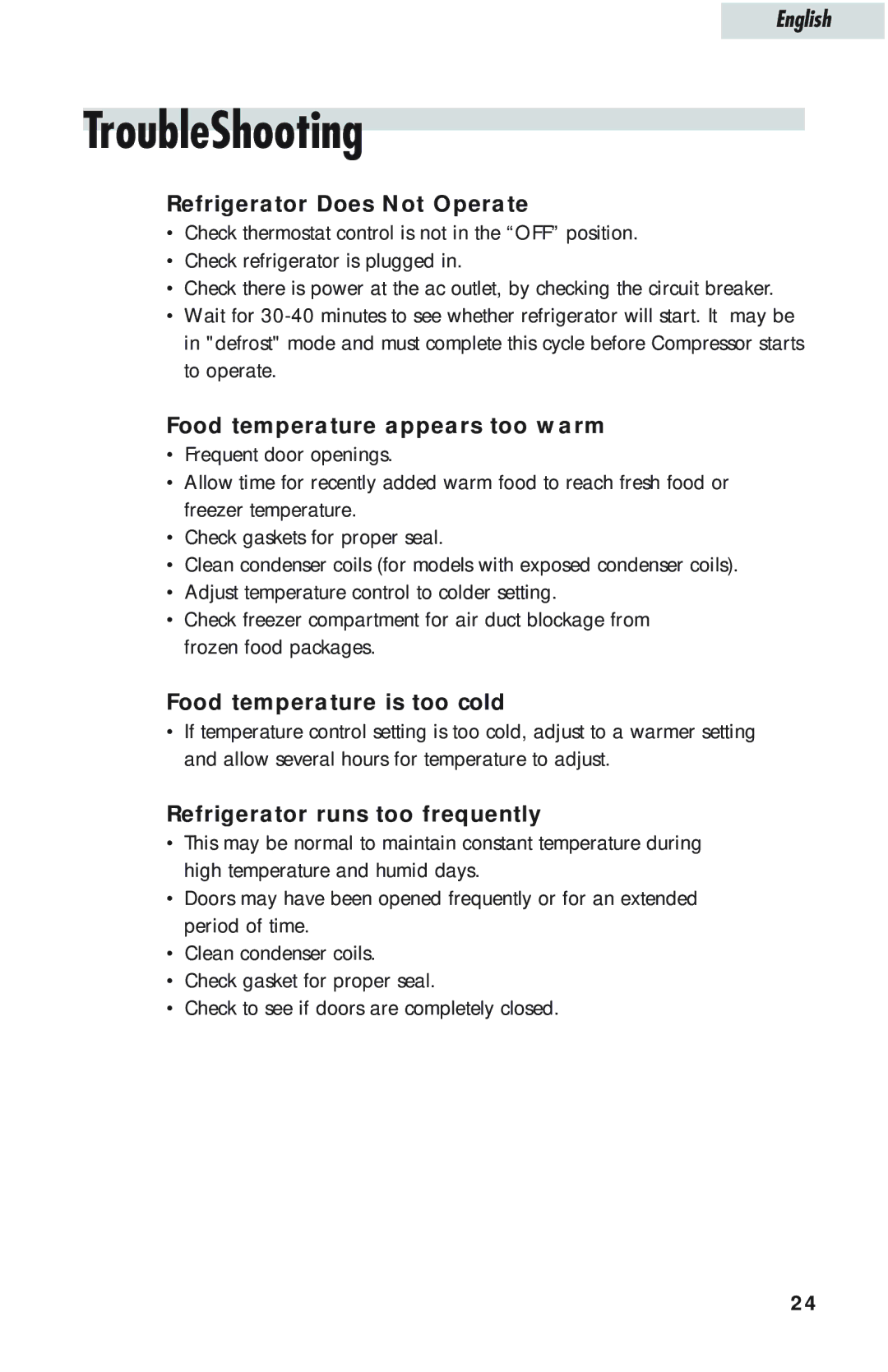 Haier HTQ21JAARSS warranty TroubleShooting, Refrigerator Does Not Operate, Food temperature appears too warm 