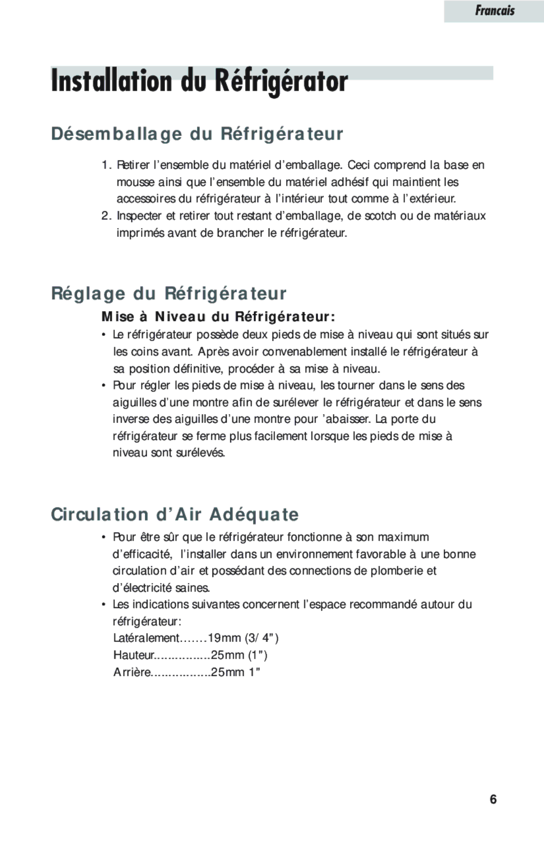 Haier HTQ21JAARSS warranty Installation du Réfrigérator, Désemballage du Réfrigérateur, Réglage du Réfrigérateur 