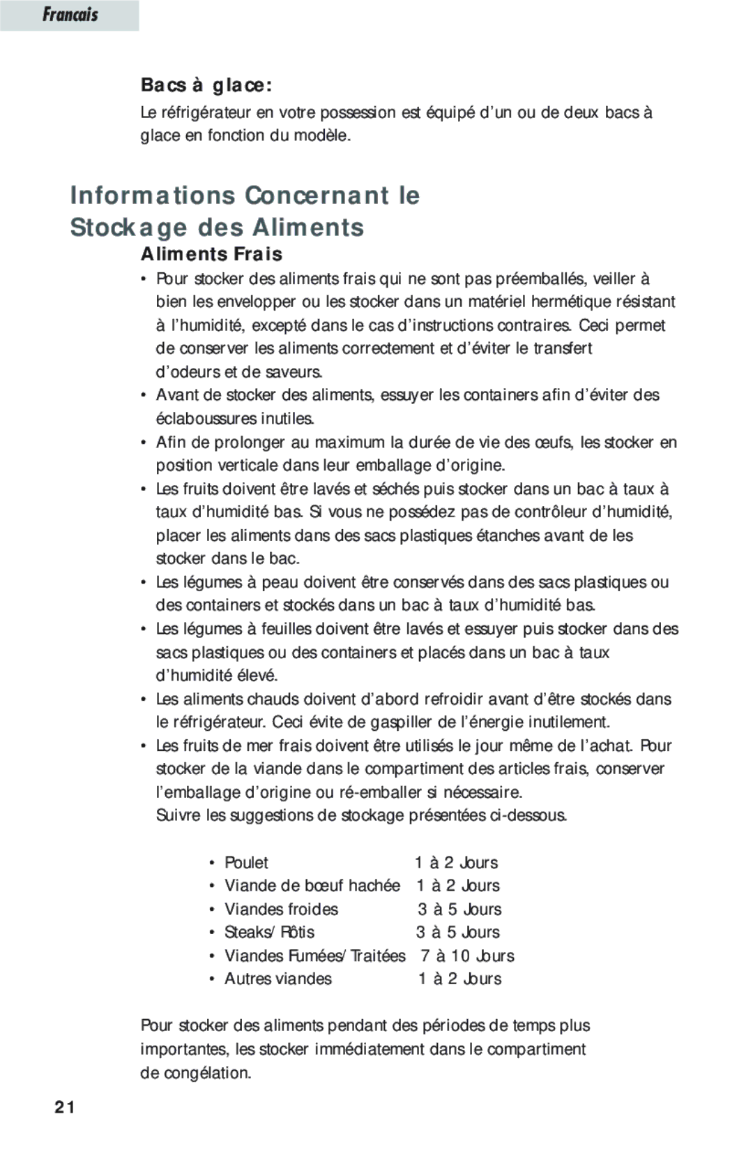 Haier HTQ21JAARSS warranty Informations Concernant le Stockage des Aliments, Bacs à glace, Aliments Frais 