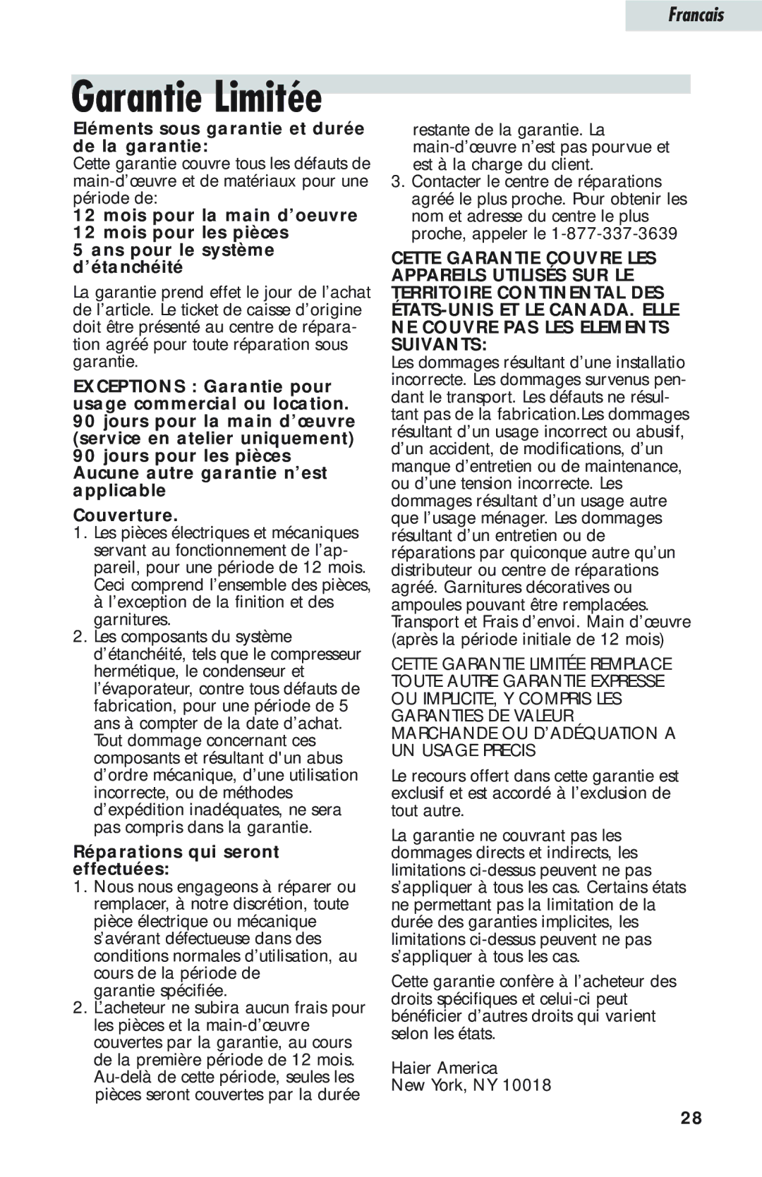 Haier HTQ21JAARSS Garantie Limitée, Eléments sous garantie et durée de la garantie, Réparations qui seront effectuées 