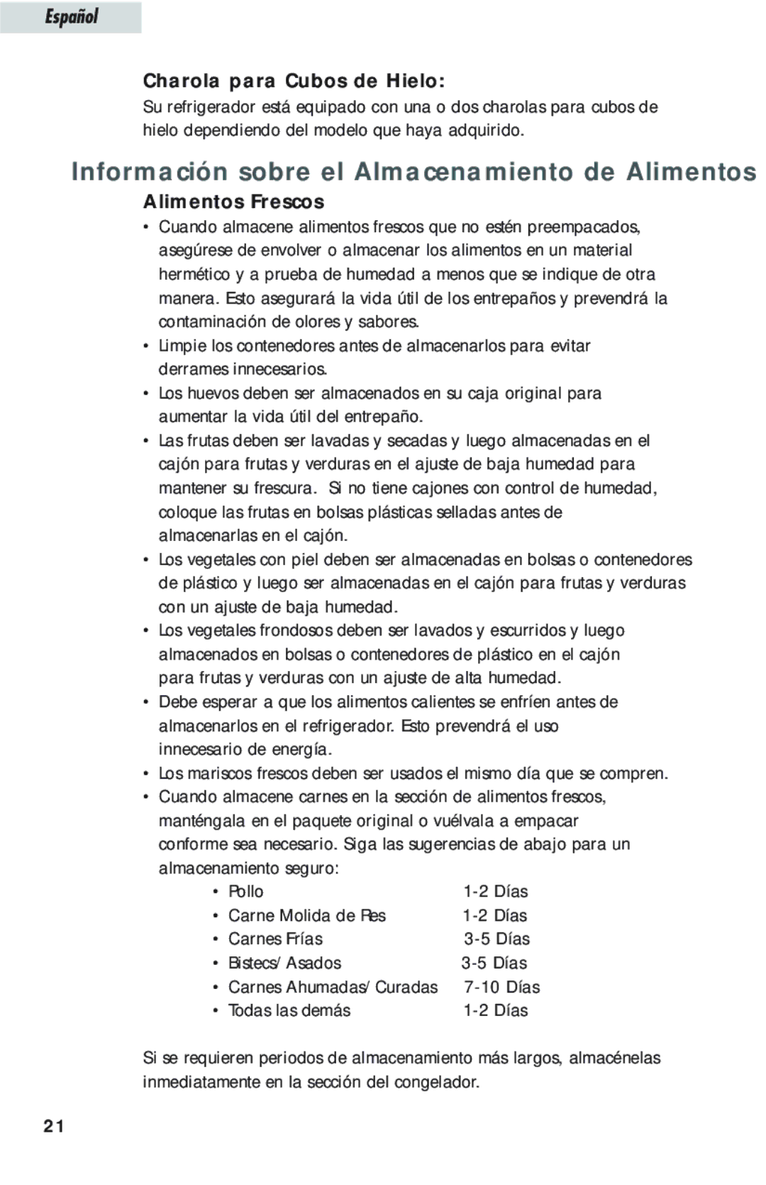 Haier HTQ21JAARSS warranty Información sobre el Almacenamiento de Alimentos, Charola para Cubos de Hielo, Alimentos Frescos 