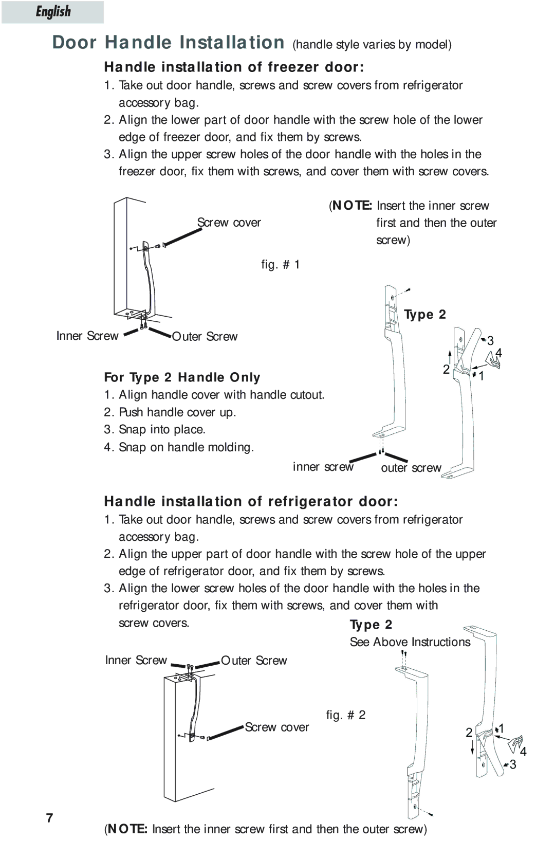 Haier HTQ21JAARSS warranty Handle installation of freezer door, Handle installation of refrigerator door, Type 