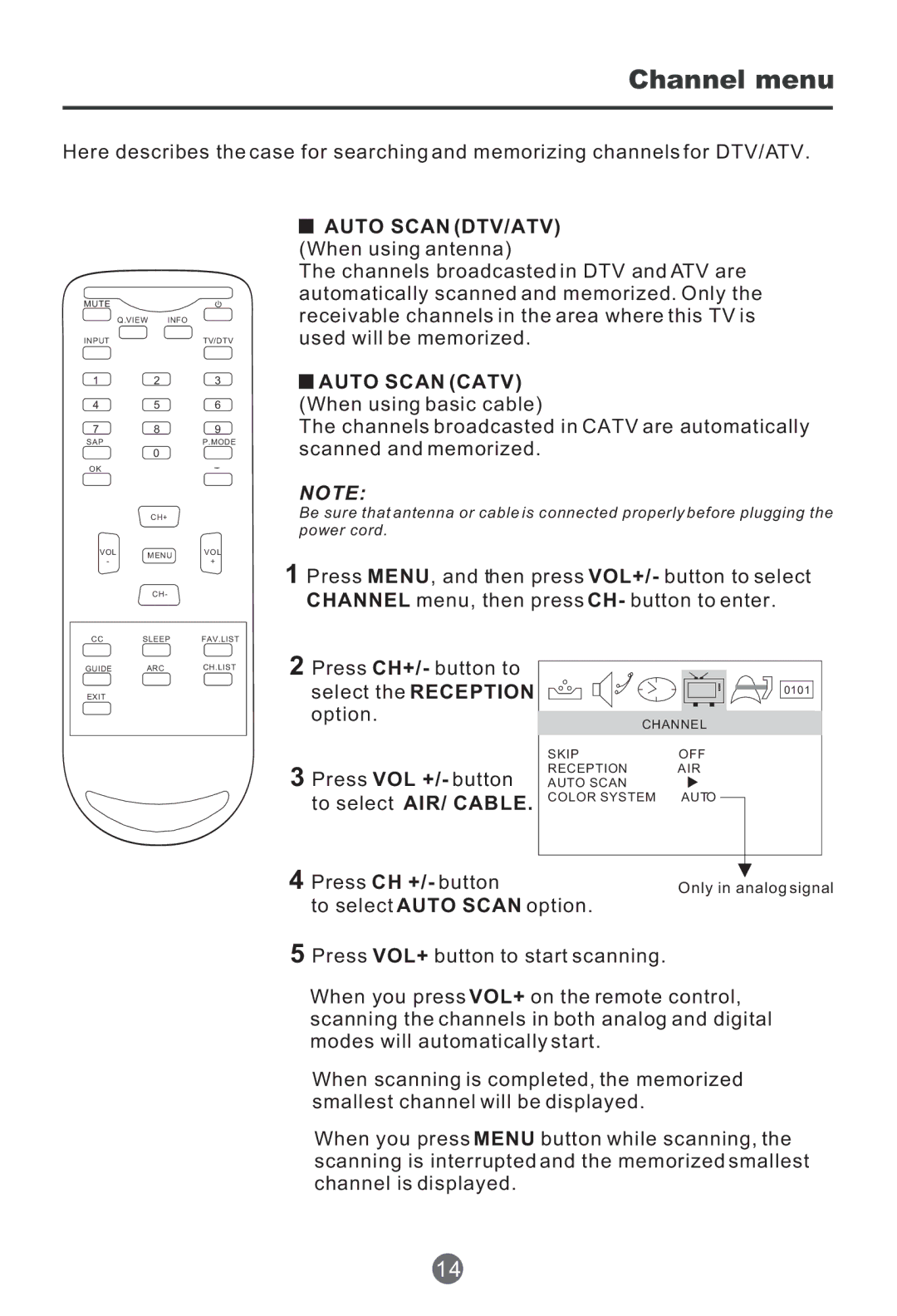 Haier HTR13 owner manual Channel menu, Option, Press VOL +/- button Auto Scan, Press CH +/- button 