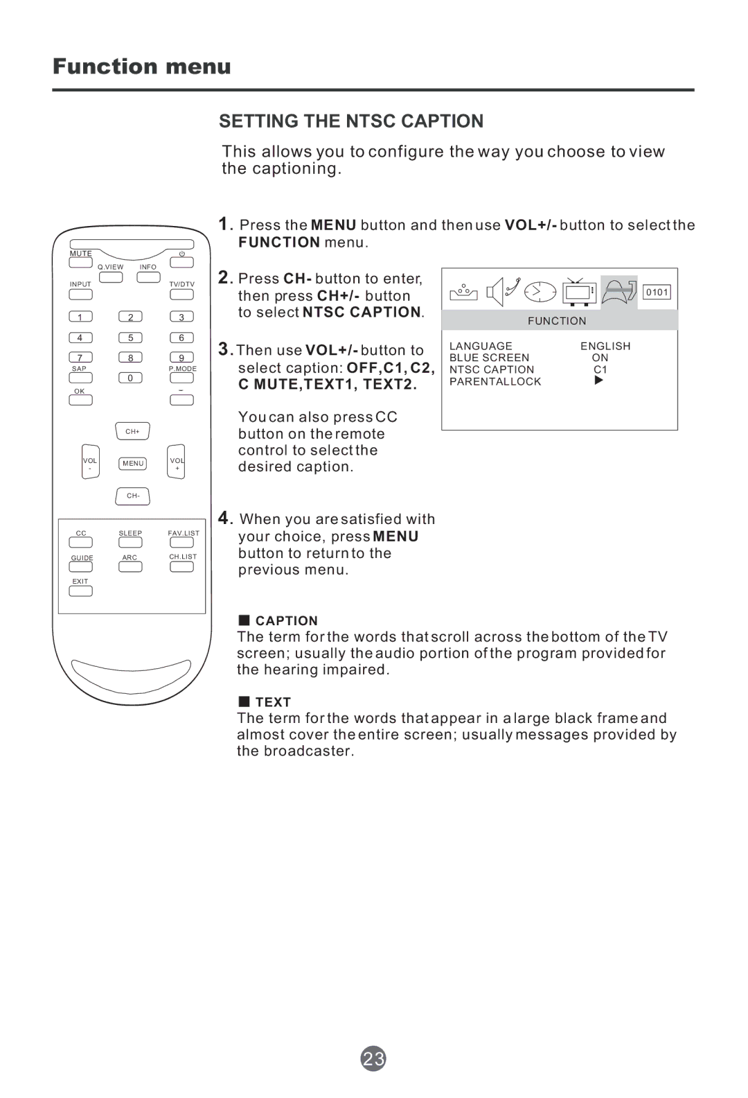 Haier HTR13 owner manual Function menu, Setting the Ntsc Caption, MUTE,TEXT1, TEXT2 