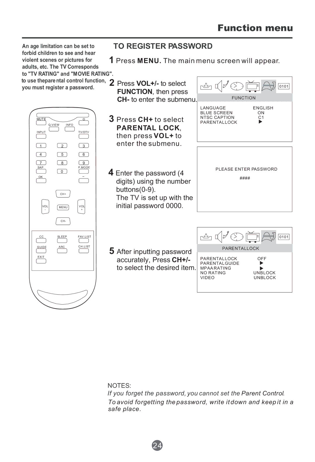 Haier HTR13 owner manual Press CH+ to select, Parental LOCK, then press VOL+ to enter the submenu 