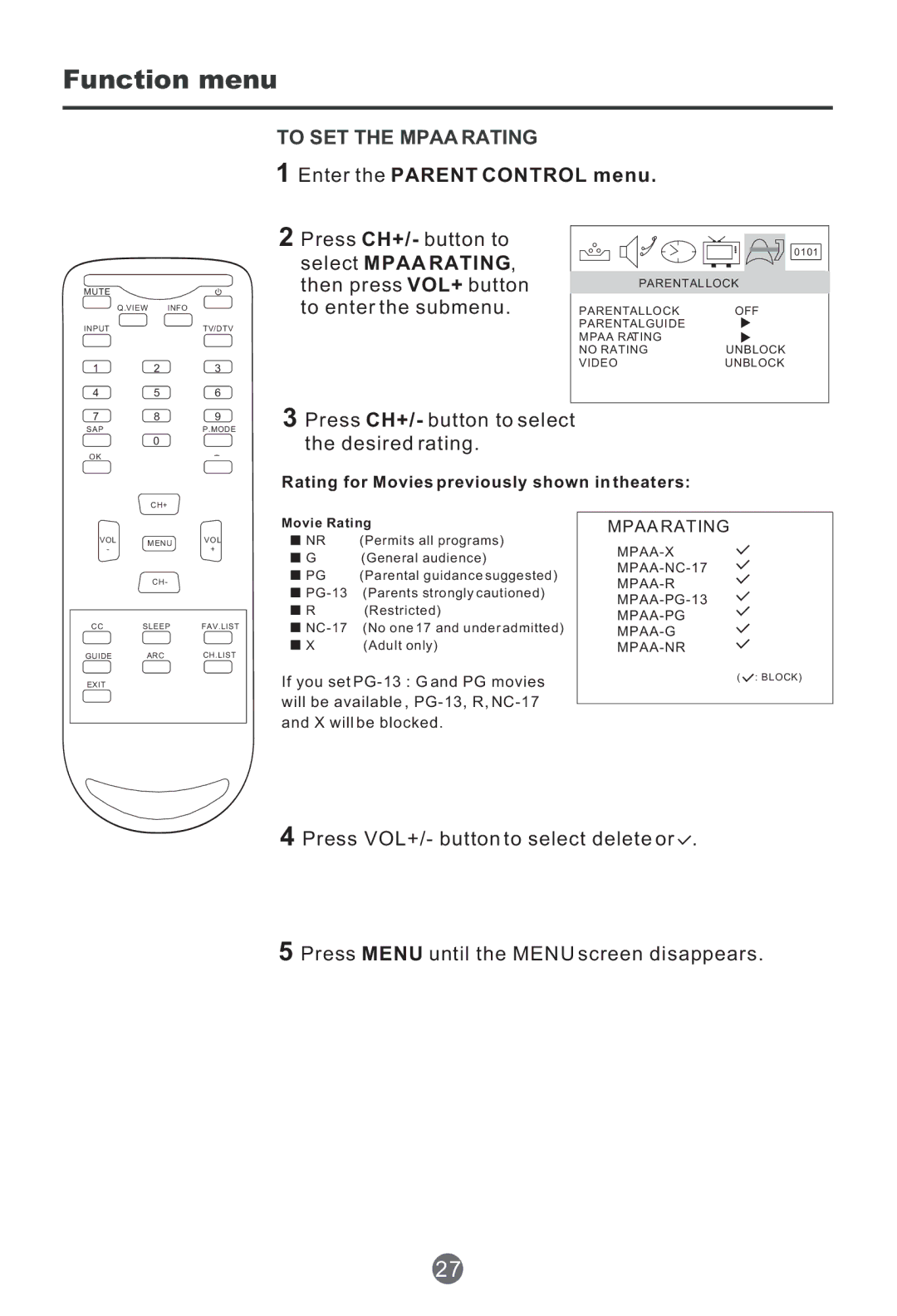 Haier HTR13 owner manual To SET the Mpaa Rating, Press CH+/- button to select the desired rating 