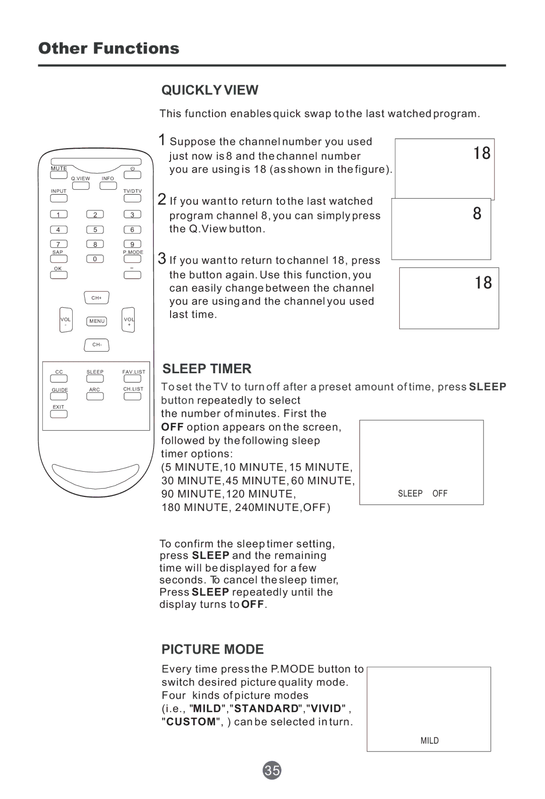 Haier HTR13 owner manual Quickly View, Sleep Timer, Picture Mode 