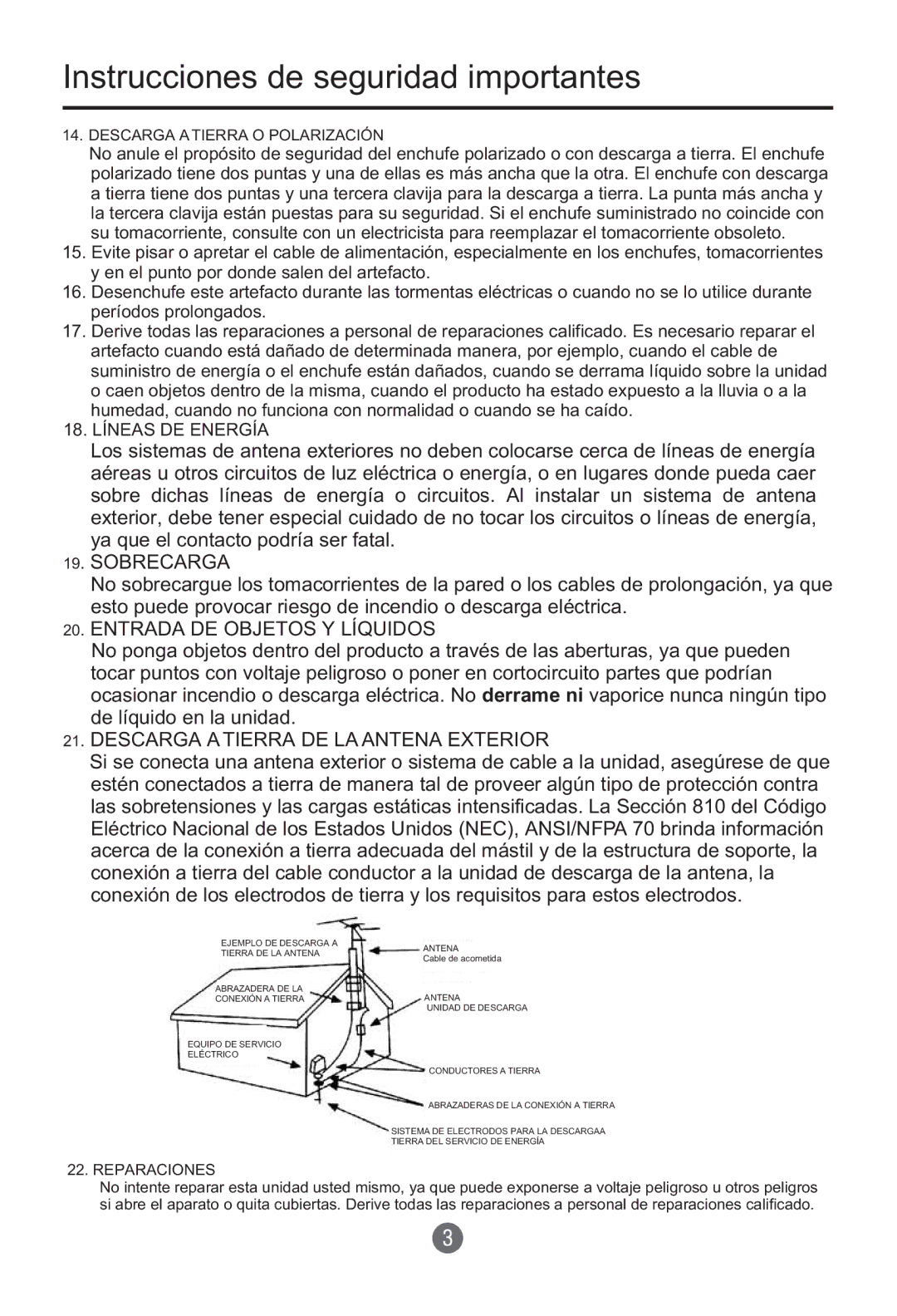 Haier HTR13 Sobrecarga, Entrada DE Objetos Y Líquidos, Descarga a Tierra DE LA Antena Exterior, 18. Líneas DE Energía 