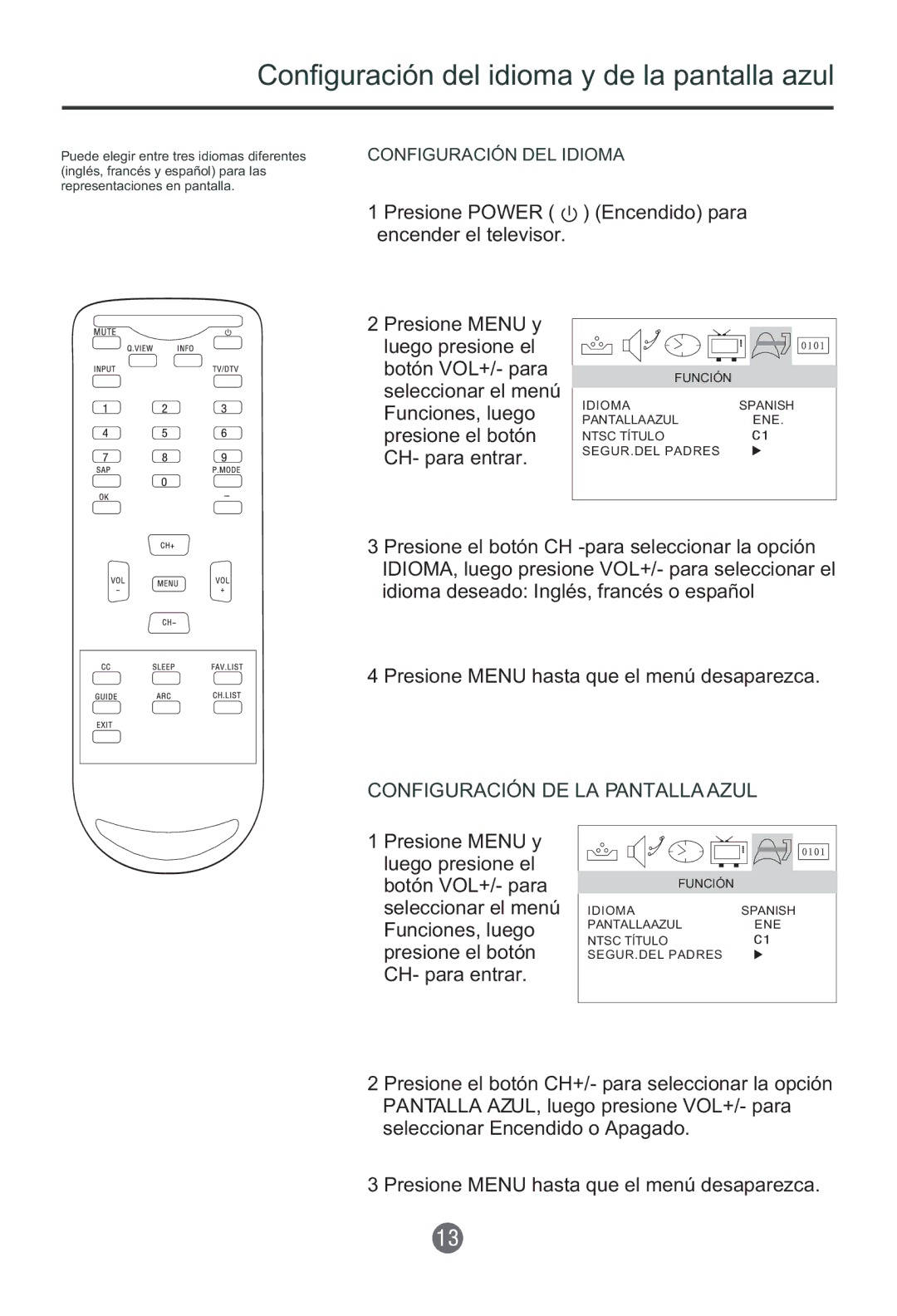 Haier HTR13 Configuración del idioma y de la pantalla azul, Presione Power Encendido para encender el televisor 