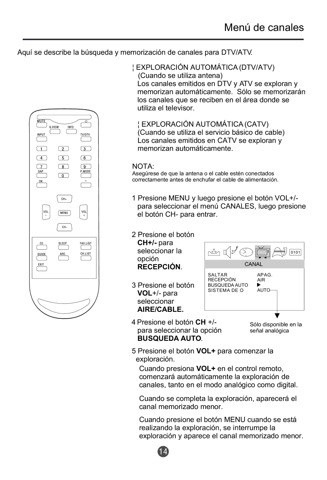 Haier HTR13 owner manual Menú de canales, Nota 