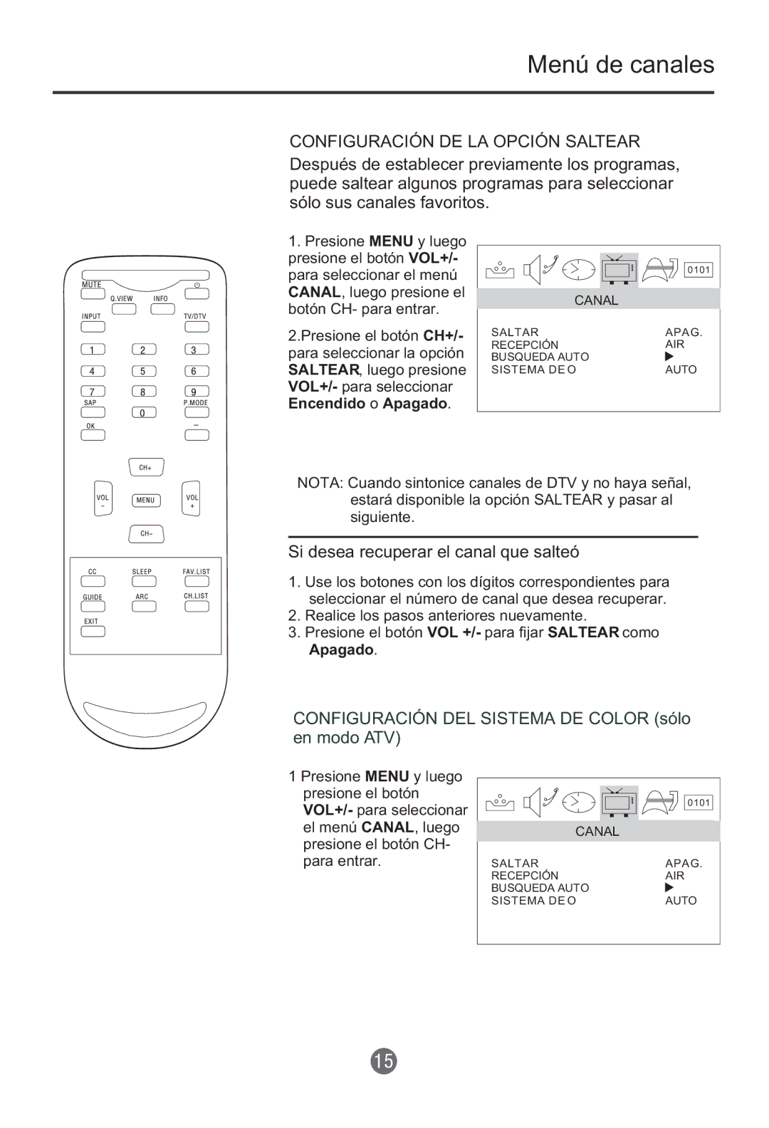 Haier HTR13 owner manual Configuración DE LA Opción Saltear, Si desea recuperar el canal que salteó 