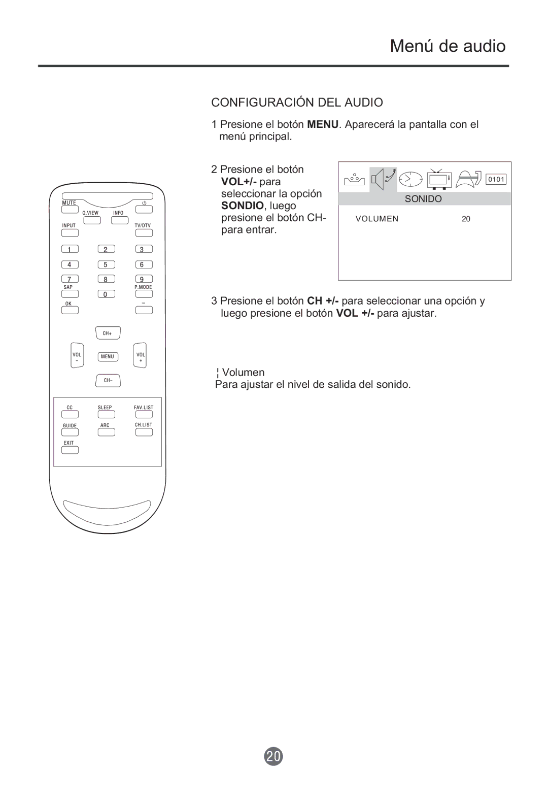 Haier HTR13 owner manual Menú de audio, Configuración DEL Audio 