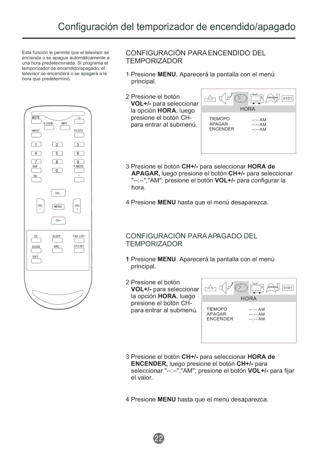 Haier HTR13 owner manual Configuración del temporizador de encendido/apagado, Configuración Para Encendido DEL Temporizador 