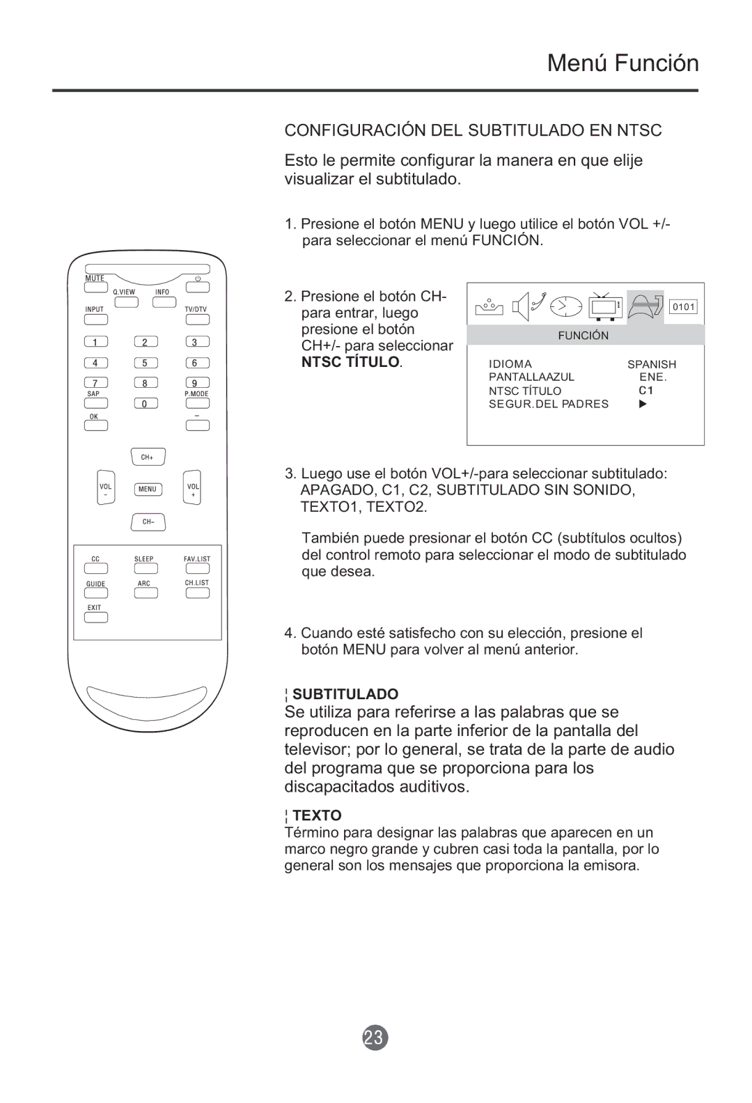 Haier HTR13 owner manual Menú Función, Configuración DEL Subtitulado EN Ntsc, Ntsc Título, Texto 