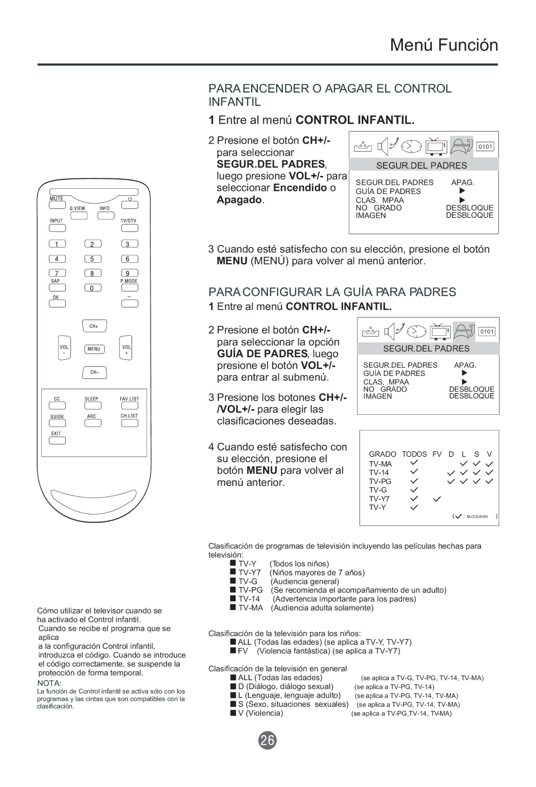 Haier HTR13 owner manual Para Encender O Apagar EL Control Infantil, Para Configurar LA Guía Para Padres, SEGUR.DEL Padres 