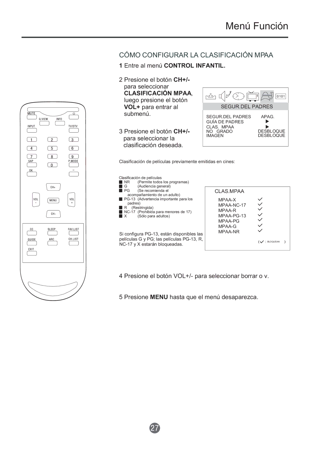 Haier HTR13 owner manual Cómo Configurar LA Clasificación Mpaa 