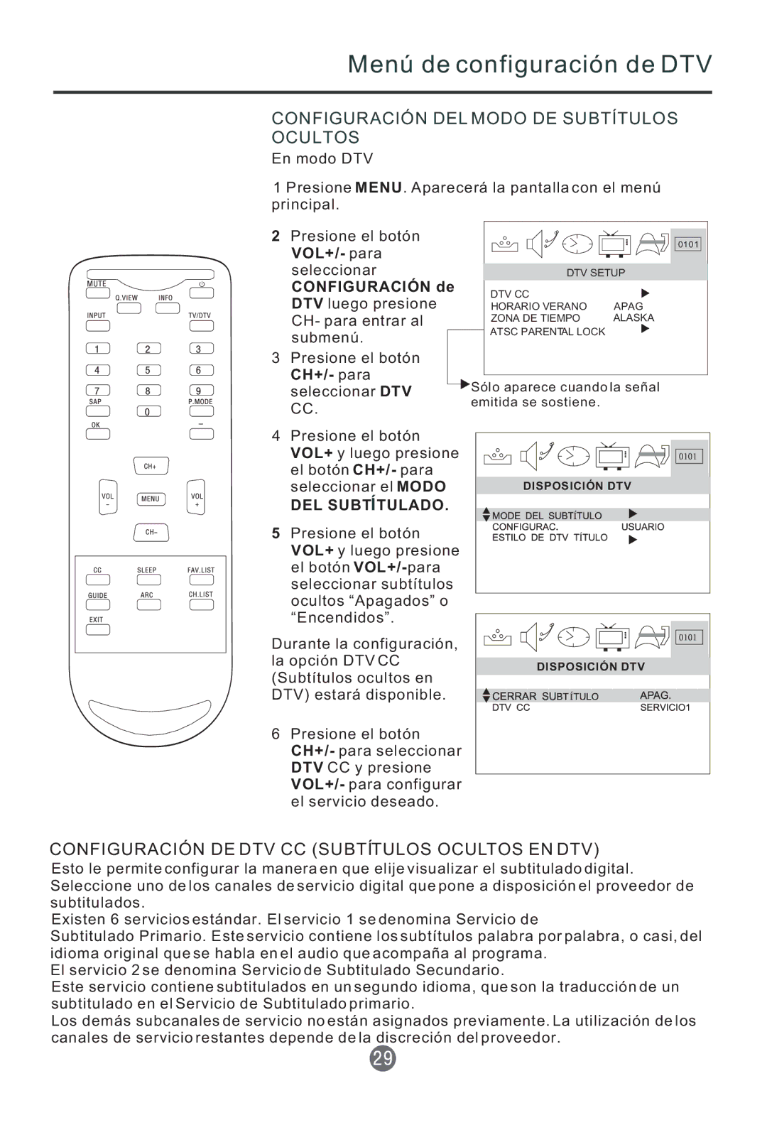 Haier HTR13 owner manual Menú de configuración de DTV, Configuración DEL Modo DE Subtítulos Ocultos, DEL Subtítulado 